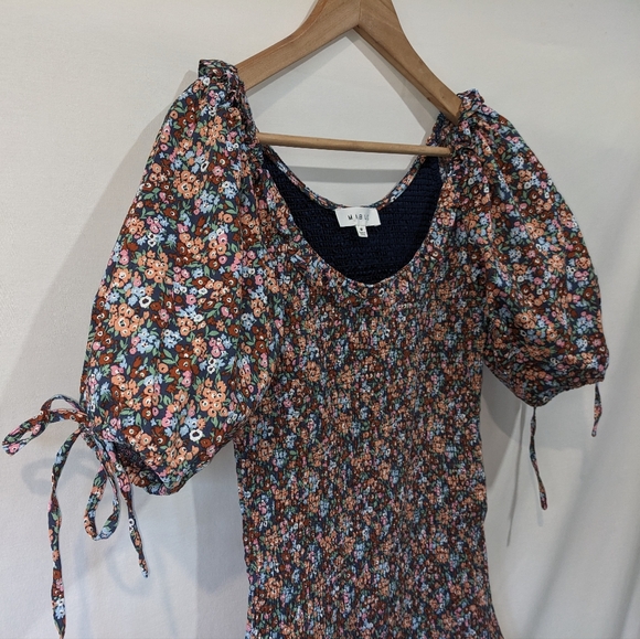 Mable 100% Cotton Floral Drop Waist Puff Sleeve Mini Dress Size Medium - Picture 4 of 12